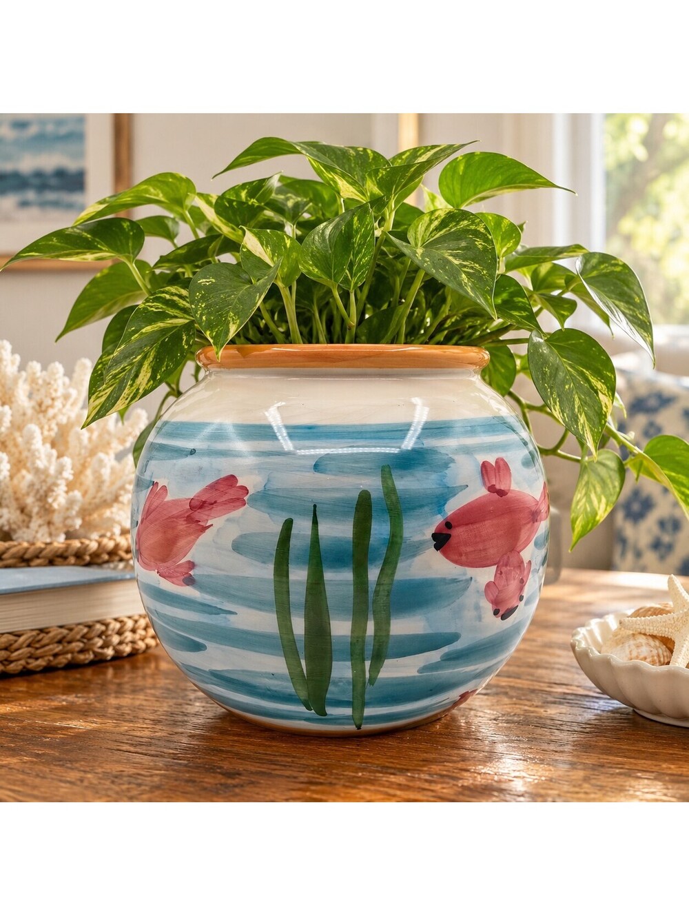 Vintage Pottery Barn Italy Hand Painted Fish Ceramic Planter Cachepot 1990s